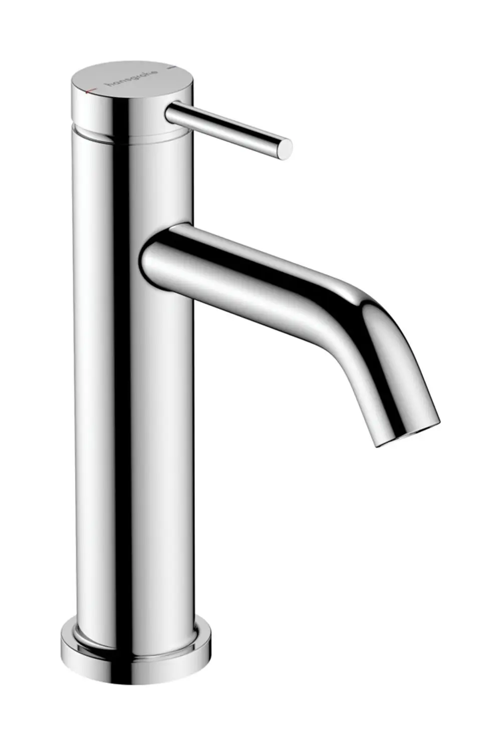 Hochglänzender, runder Waschtischmischer aus Chrom von Hansgrohe mit seitlichem Hebel zur Tassenbetätigung und ausgestelltem Auslauf.